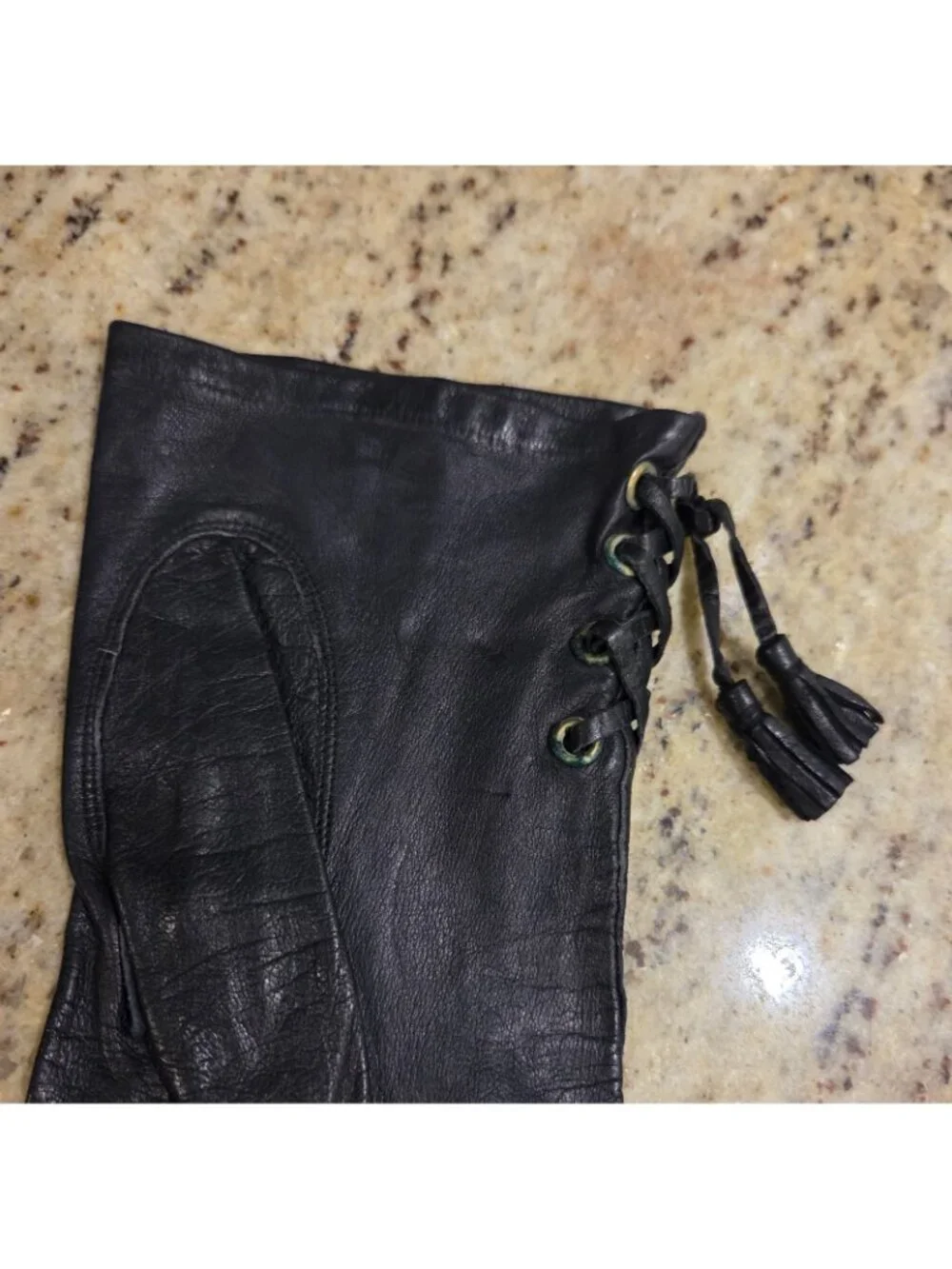 Vintage Womens Size S/M 6.5 Black Leather Gloves Tassle Lace Grommet Biker